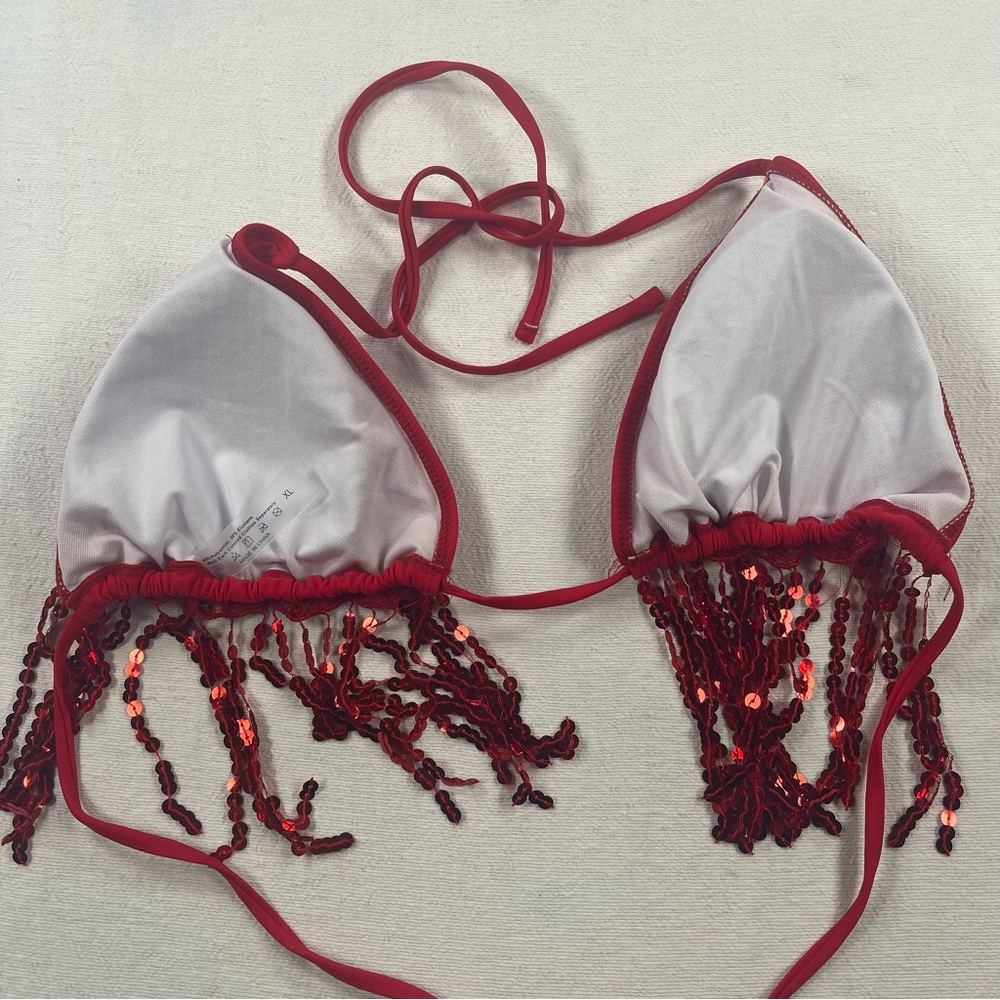 Red Sequin Fringe Triangle Bikini Top tassel festival concert party - Picture 3 of 3